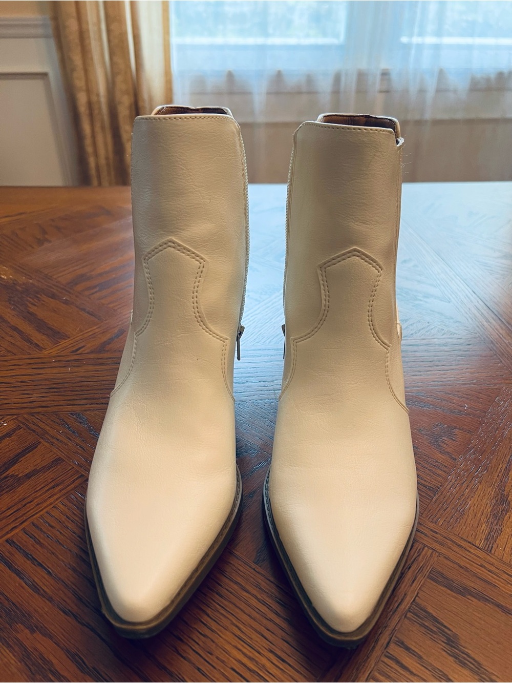 Indigo Cream Pointed Toe Ankle Booties with Side Zip Detail